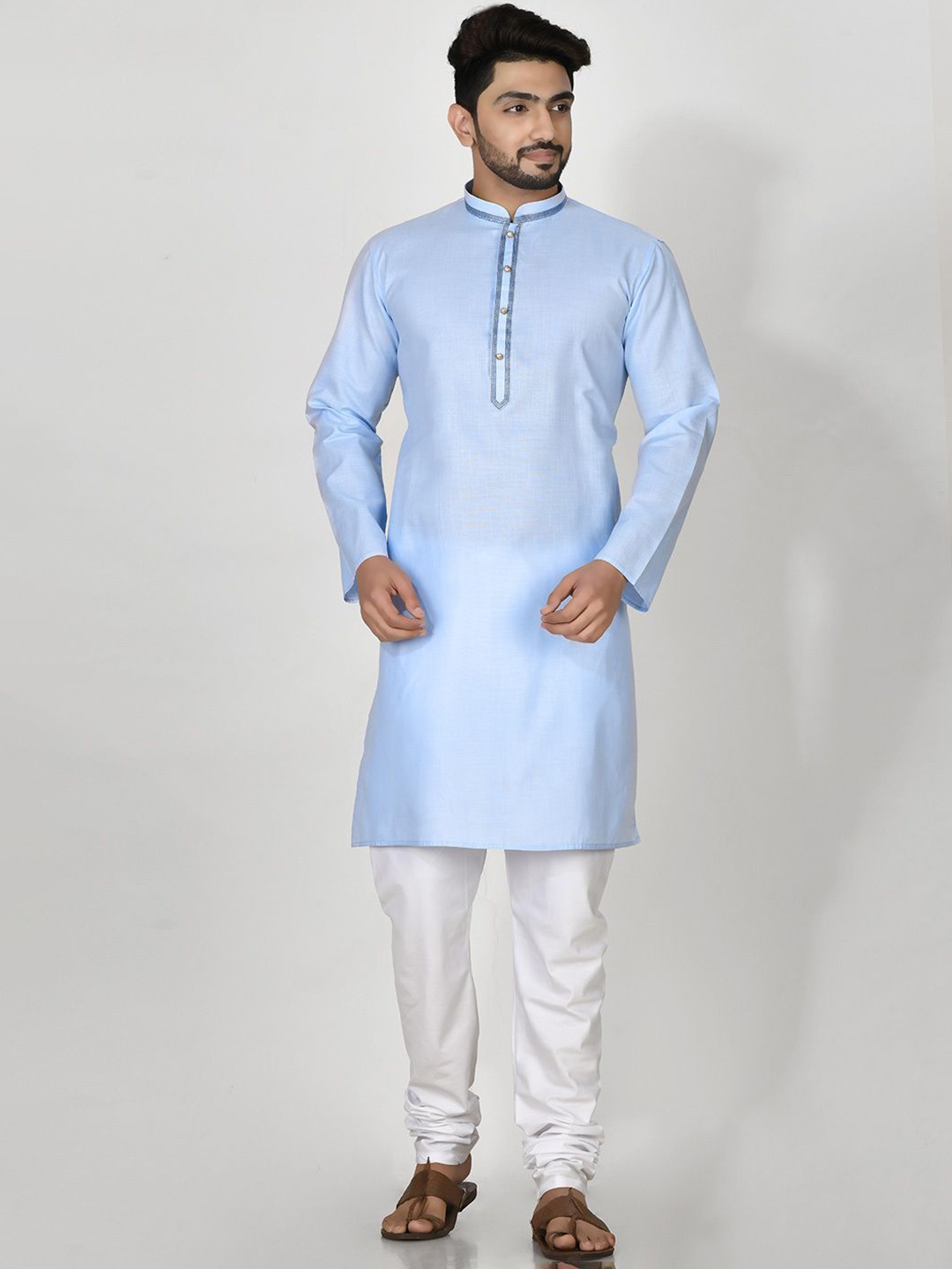 

RANAK Mandarin Collar Organic Cotton Straight Kurta, Blue