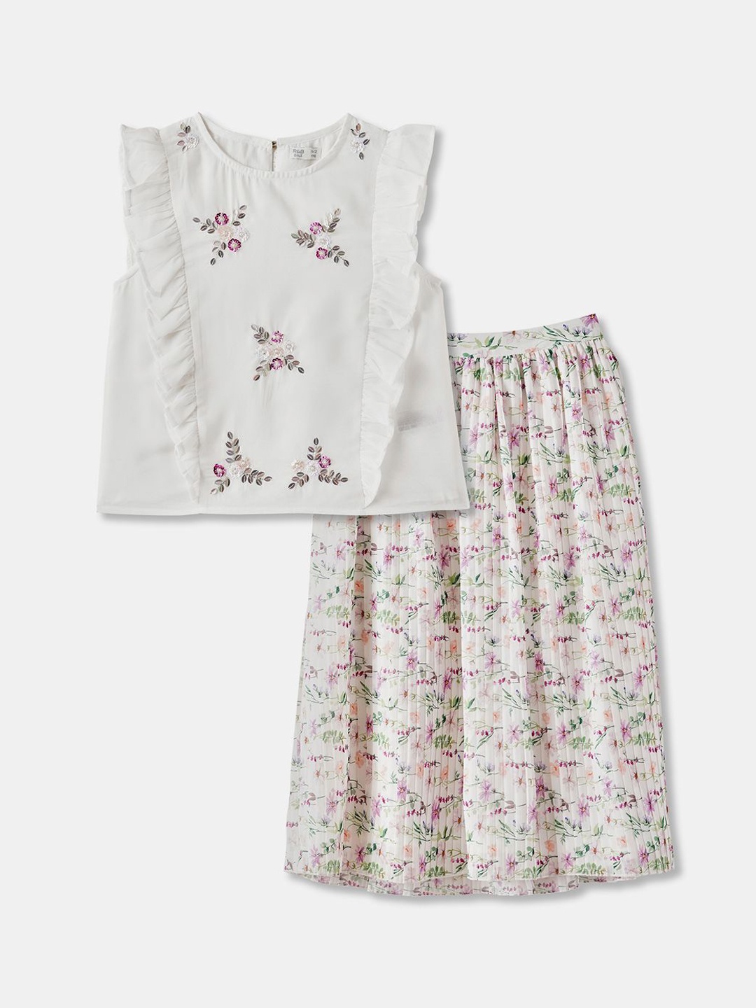 

R&B Girls Embroidered Round Neck Top With Skirt, White