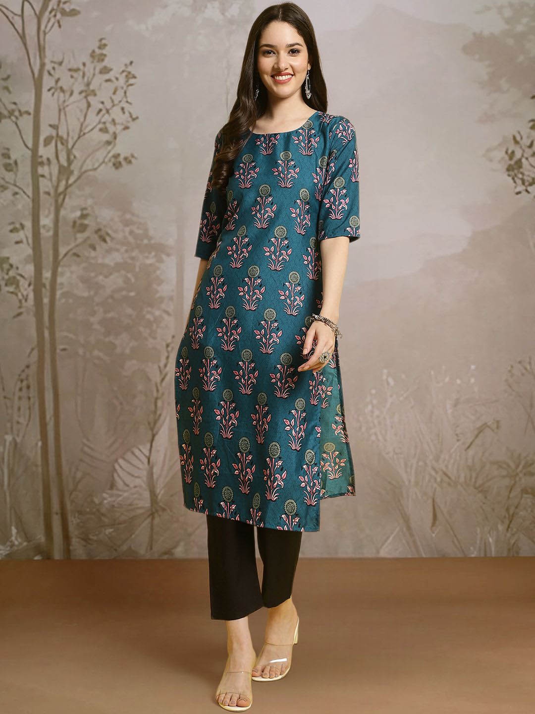 

Moda Rapido Ethnic Motifs Printed Round Neck Straight Kurta With Trousers, Teal