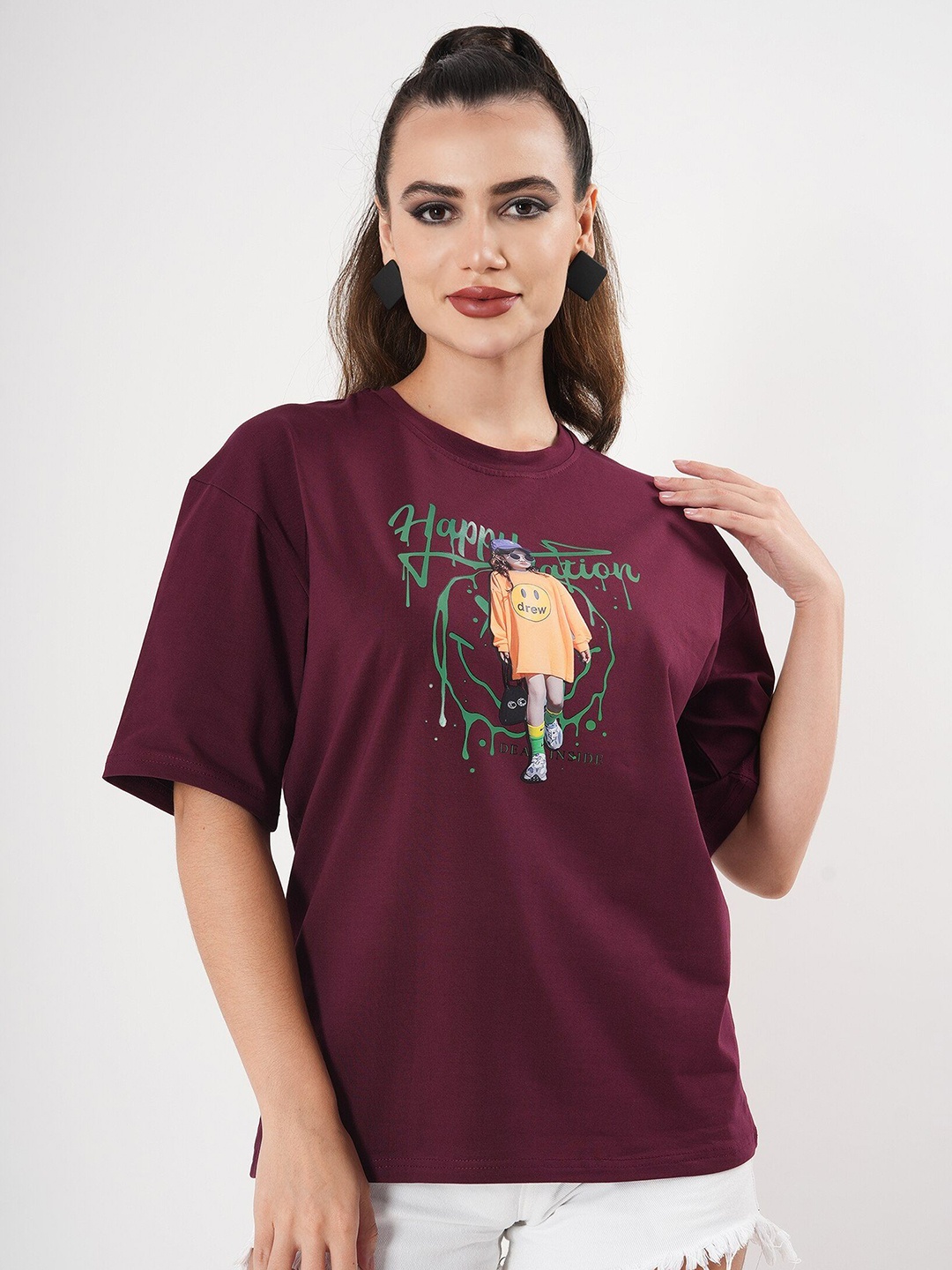 

clobug Women Typography Printed Pockets T-shirt, Maroon