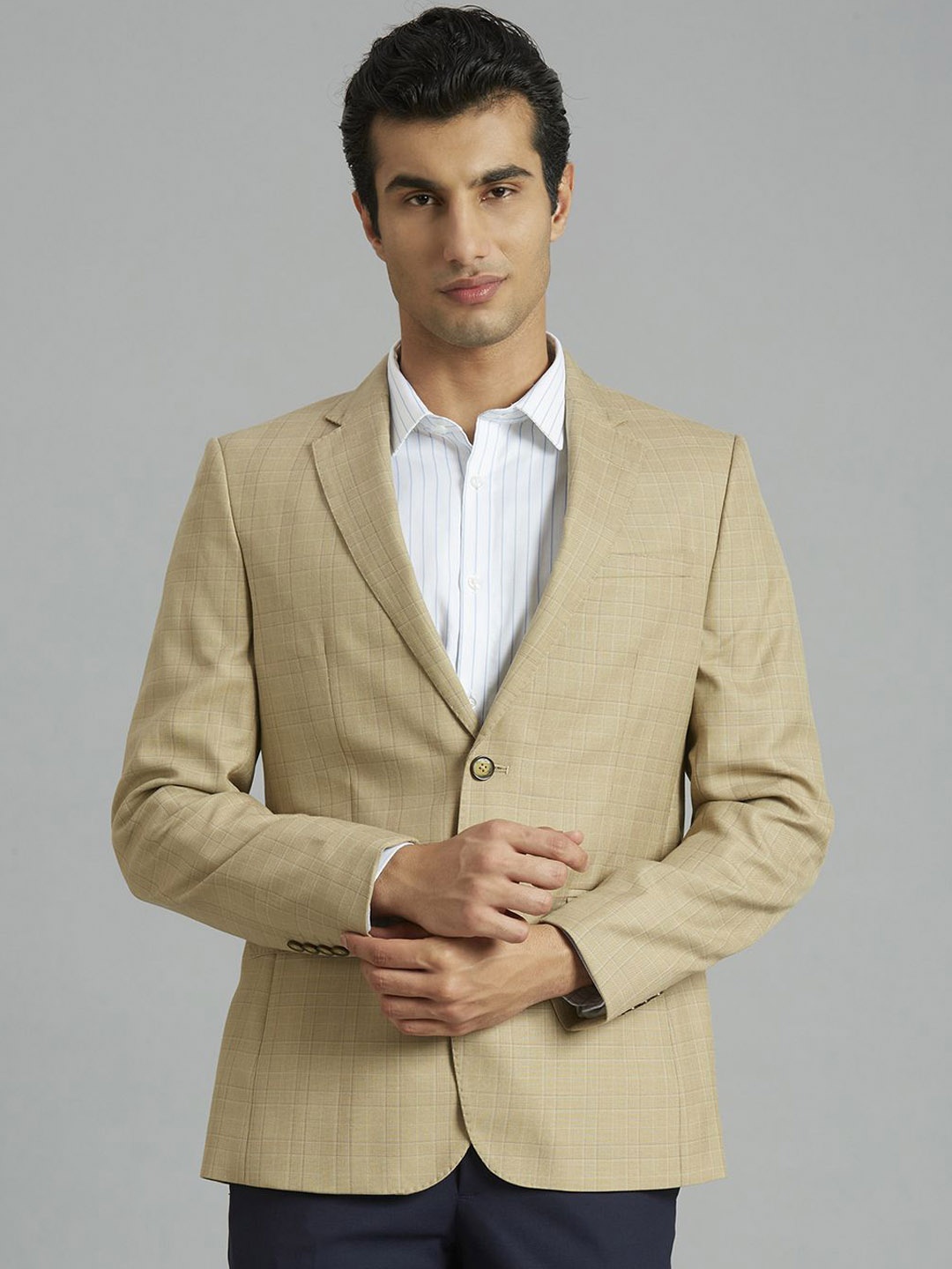 

Reid & Taylor Tailored-Fit Checked Notched Lapel Single-Breasted Blazer, Khaki