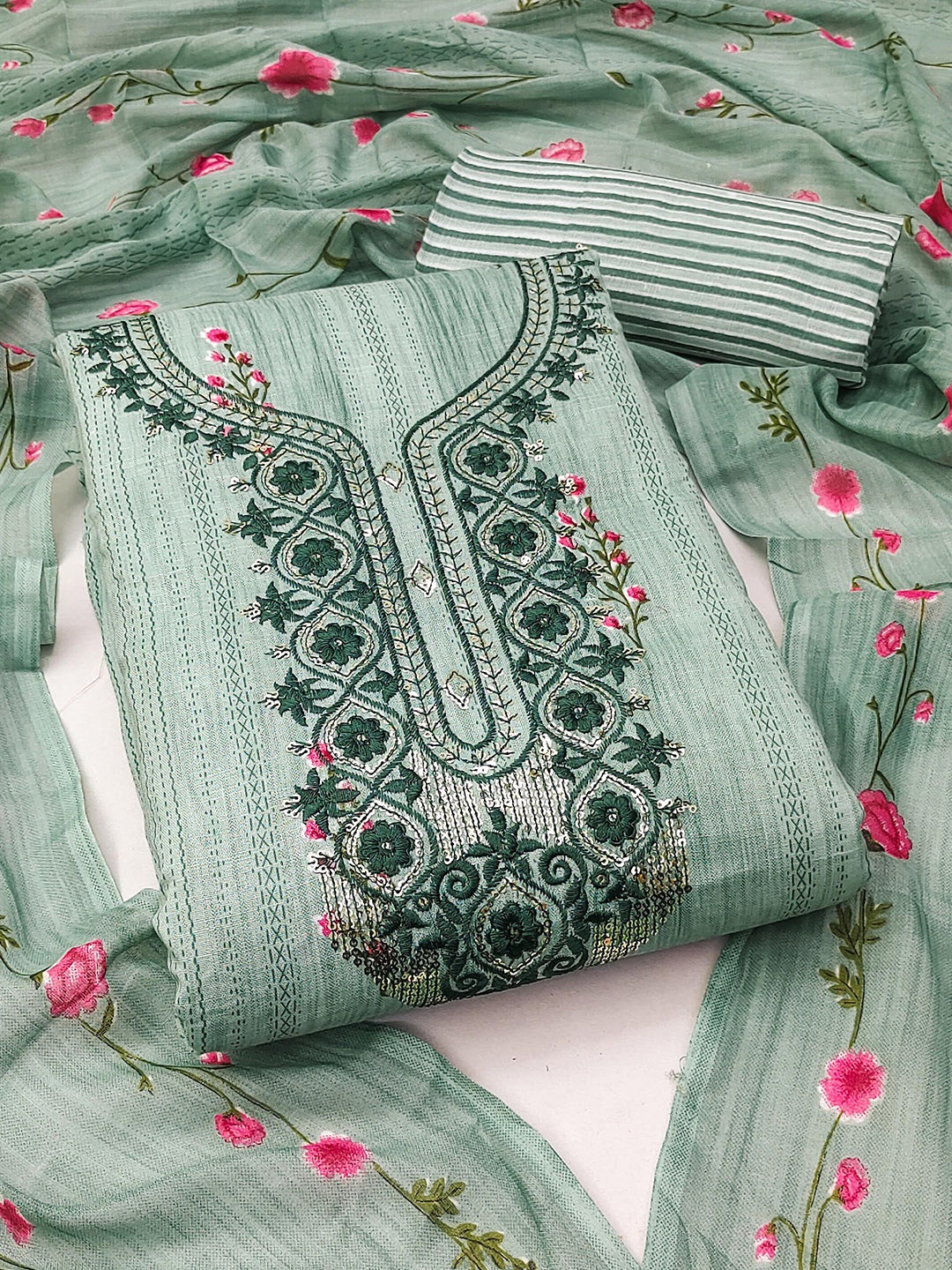 

SAINOOR Floral Embroidered Pure Cotton Unstitched Dress Material, Sea green
