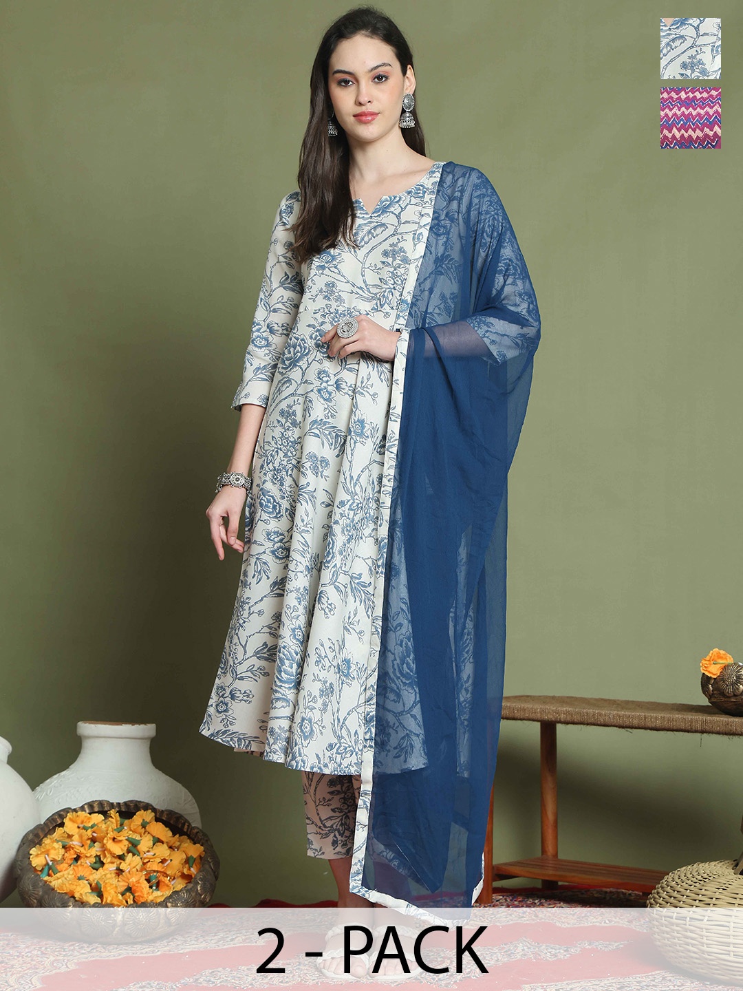 

Rajnandini Selection Of 2 Floral Printed Cotton Blend Kurta with Trouser & Dupatta, Off white