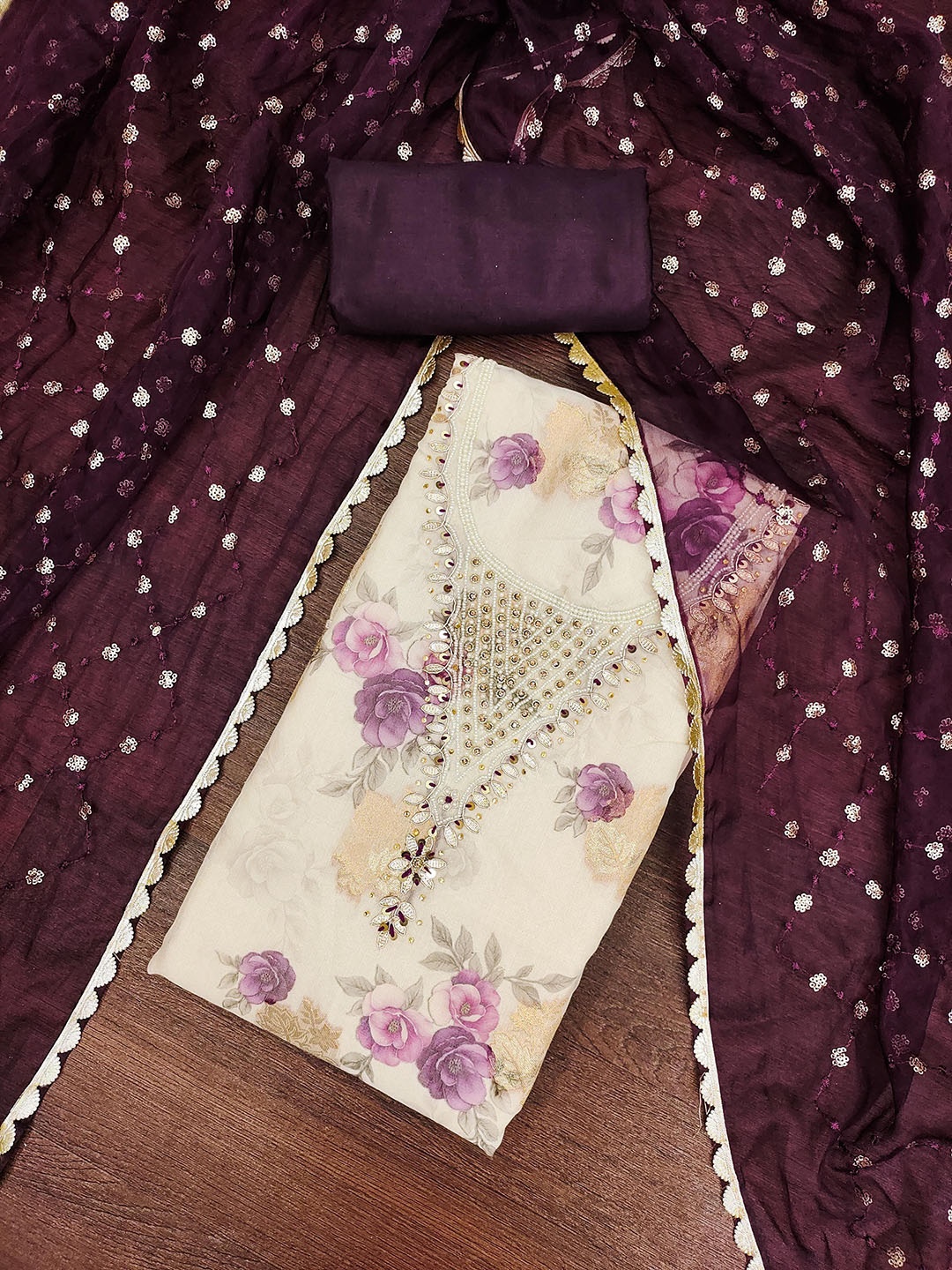 

MANVAA Embellished Unstitched Dress Material, Beige