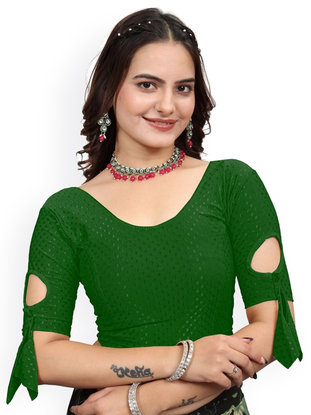 

SS Sanket Synthetics Self Design Stretchable Saree Blouse, Green