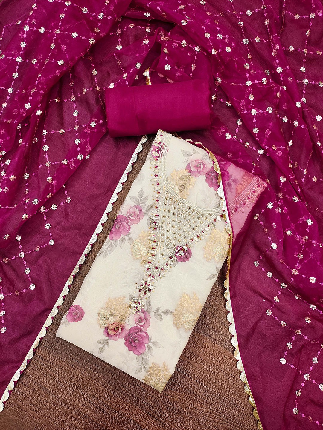 

MANVAA Embellished Unstitched Dress Material, Pink