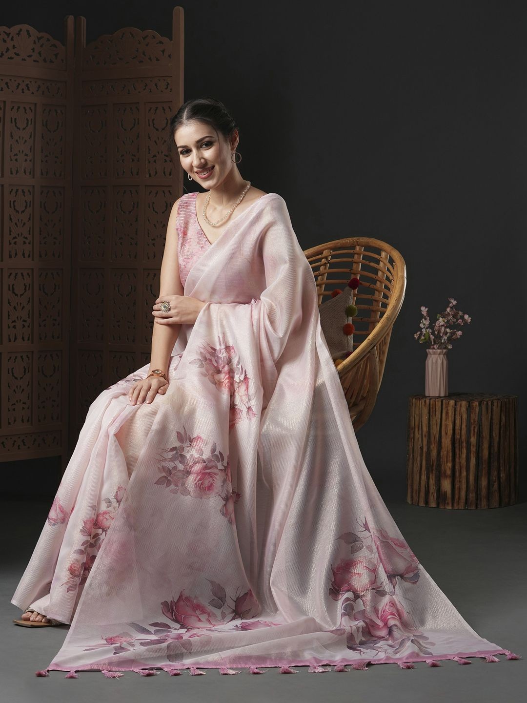 

Mitera Floral Sequinned Organza Saree, Pink