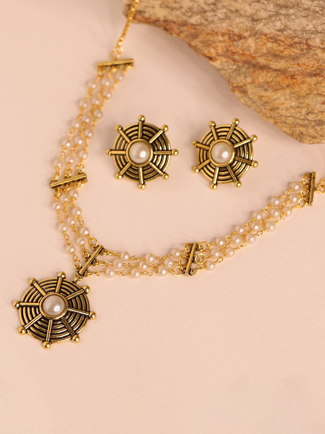 

Voylla Woven Wonder Spiraled Oxidised Pearls Choker Set, Gold