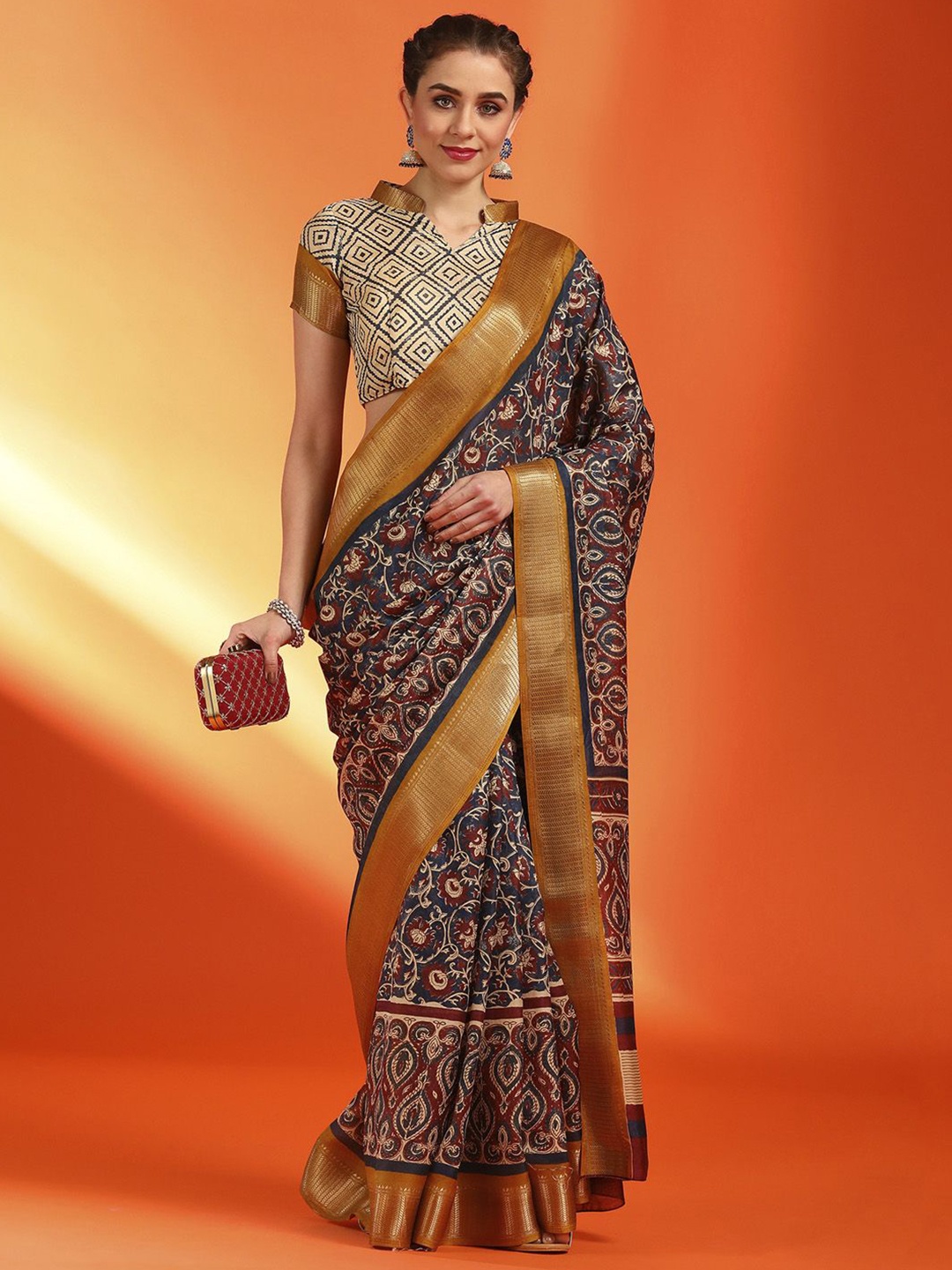 

Anouk Rustic Ethnic Motifs Zari Silk Blend Sungudi Saree, Navy blue