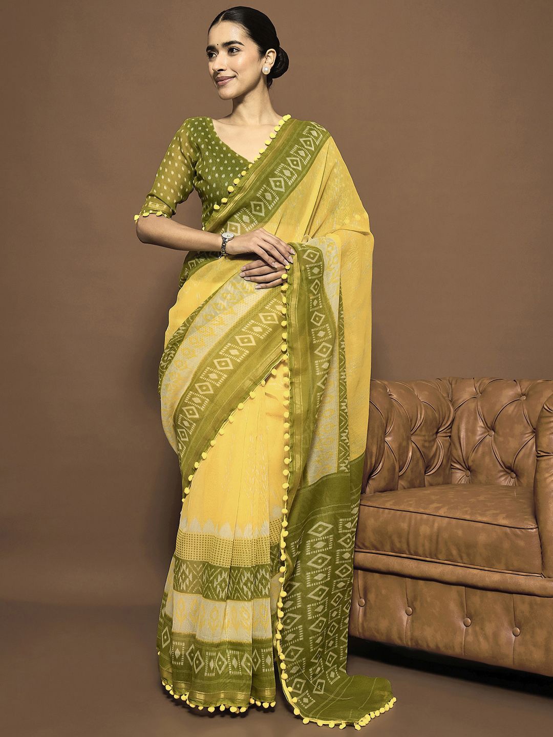

Mitera Ethnic Motifs Ready to Wear Ikat Saree, Yellow