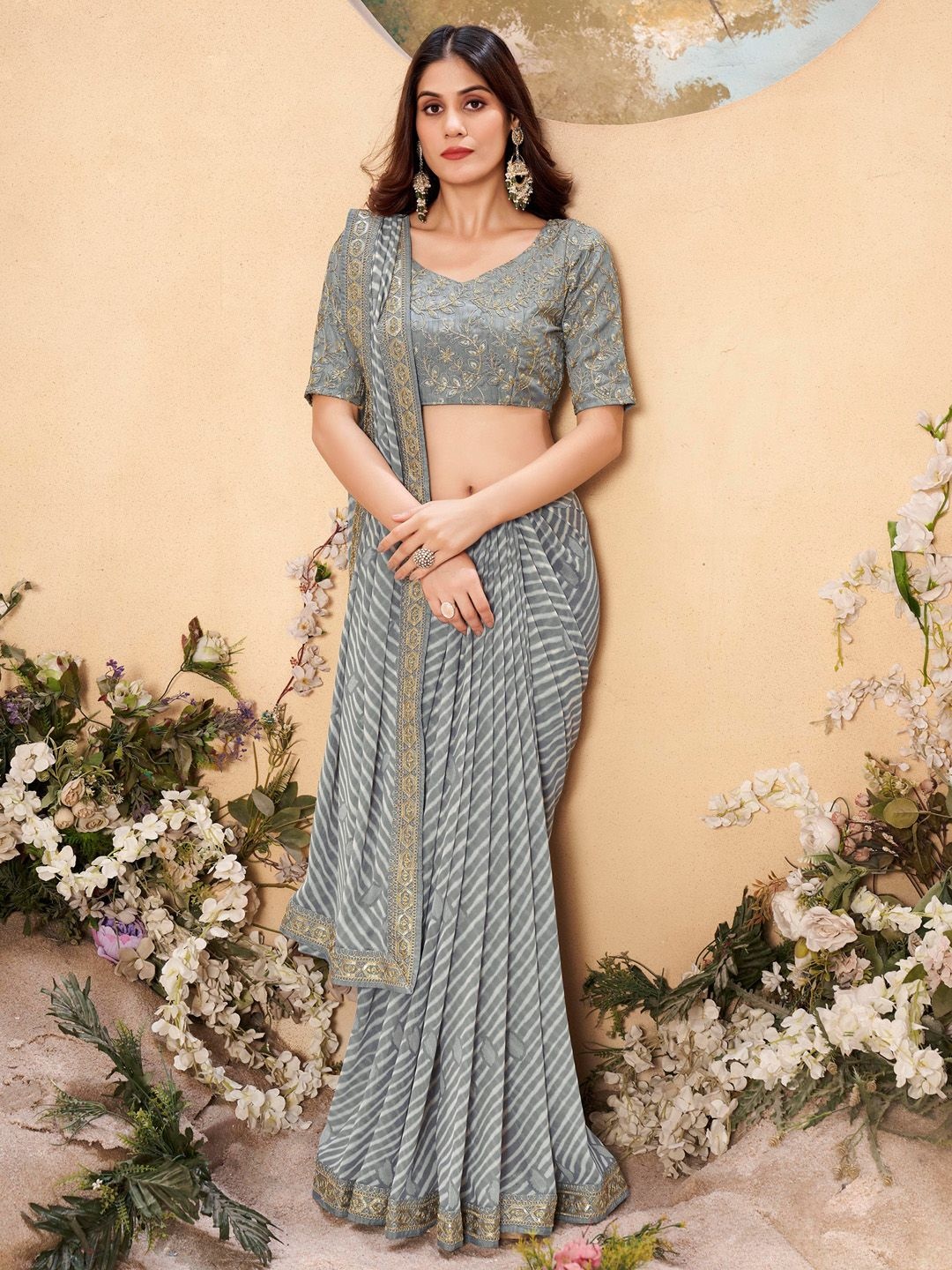 

Anouk Rustic Leheriya Sequinned Pure Georgette Leheriya Saree, Grey