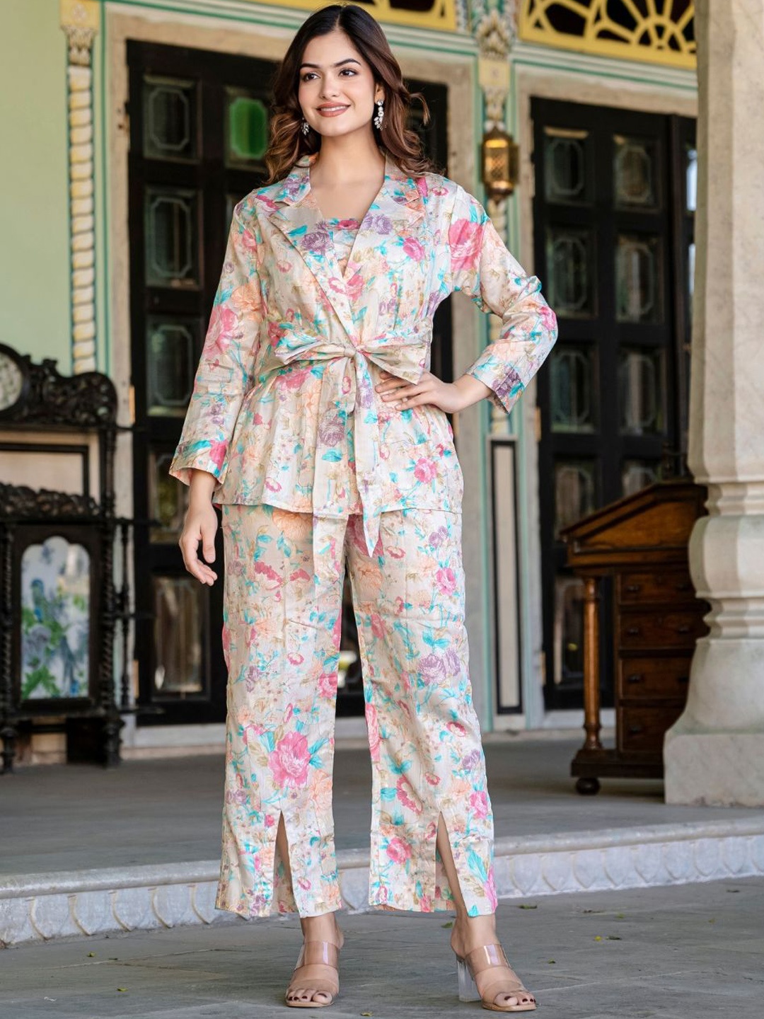 

SAADGEE Floral Printed Pure Cotton Crop Top & Shirt With Trousers Co-Ords, Cream