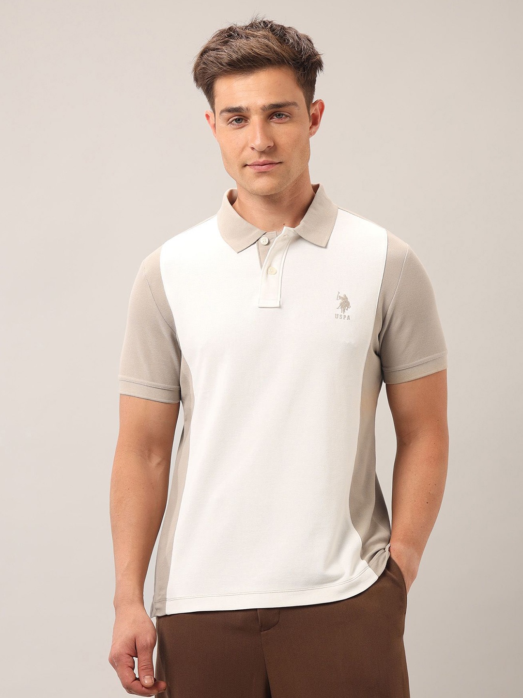 

U.S. Polo Assn. Denim Co. Men Brand Logo Colourblocked Polo Collar Applique Slim Fit T-shirt, Beige