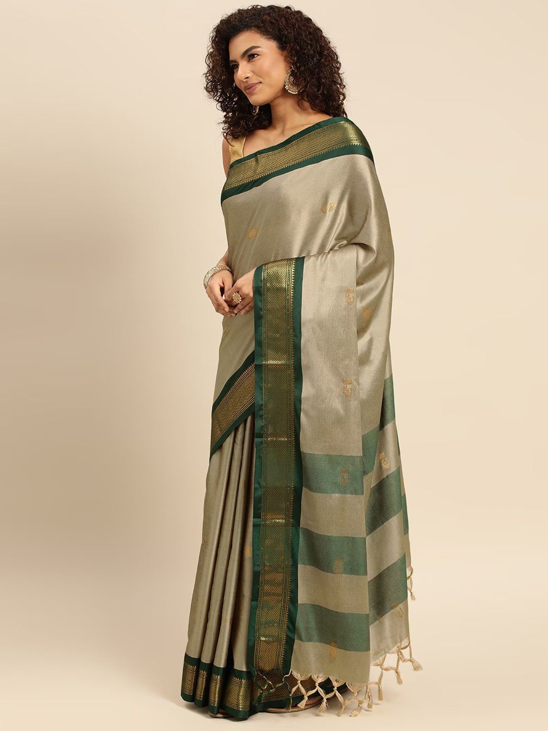 

SILKWEAR Ethnic Motifs Silk Cotton Designer Kanjeevaram Saree, Beige