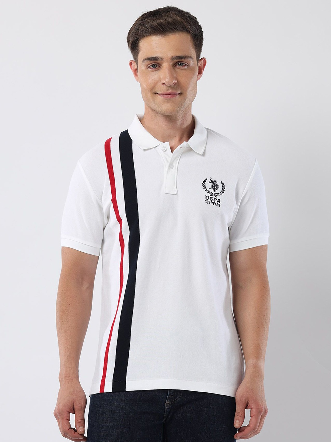 

U.S. Polo Assn. Men Striped Polo Collar Cotton Slim Fit T-shirt, White