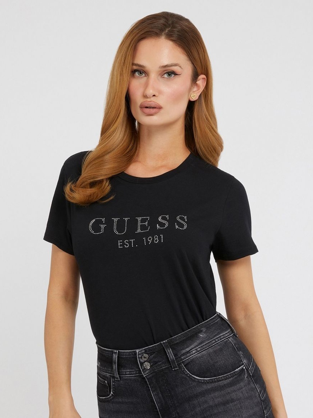 

GUESS Women Typography Printed Round Neck Cotton T-shirt, Black