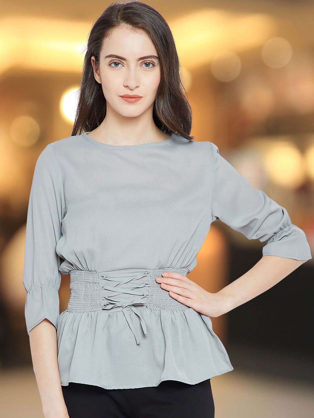 

DressBerry Crepe Cinched Waist Top, Grey