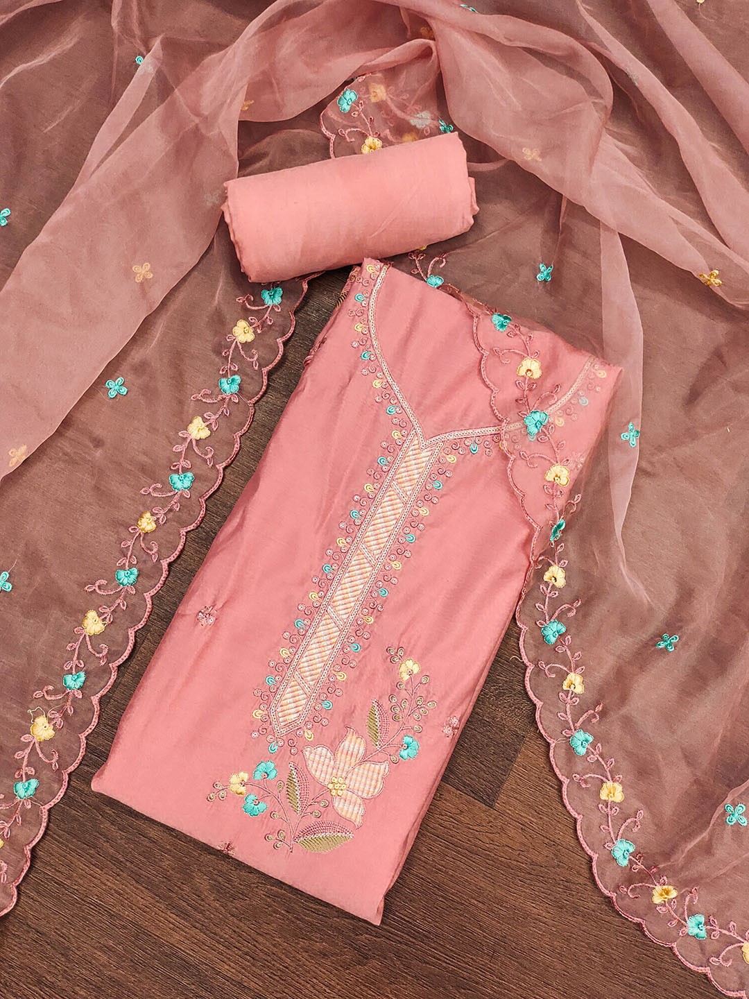 

MANVAA Embellished Unstitched Dress Material, Peach