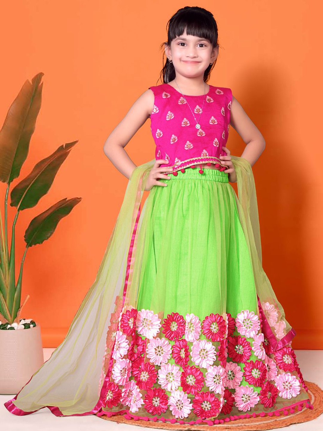 

BAESD Girls Woven Design Lehenga With Blouse And Dupatta, Fluorescent green