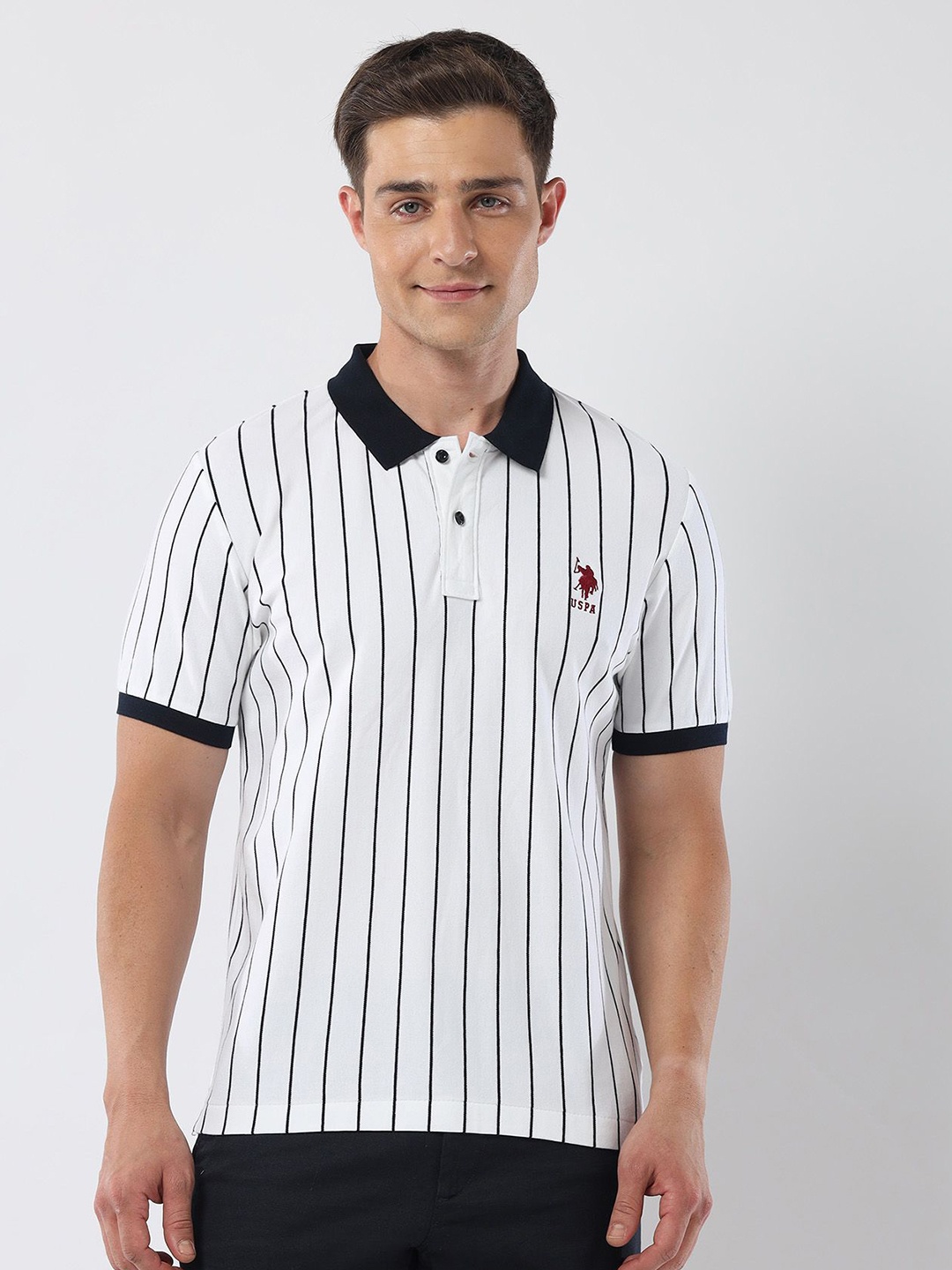 

U.S. Polo Assn. Men Striped Polo Collar Cotton Slim Fit T-shirt, White