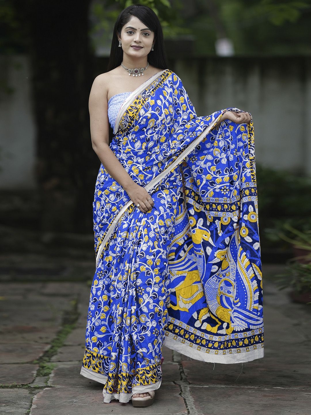 

Mitera Kalamkari Bagru Saree, Blue