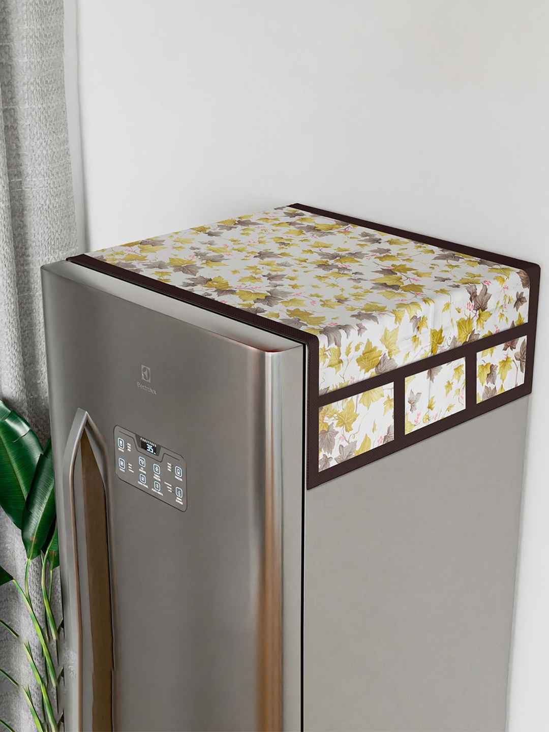 

Kuber Industries Green & White Printed Fridge Top Cover With 6 Utility Pockets
