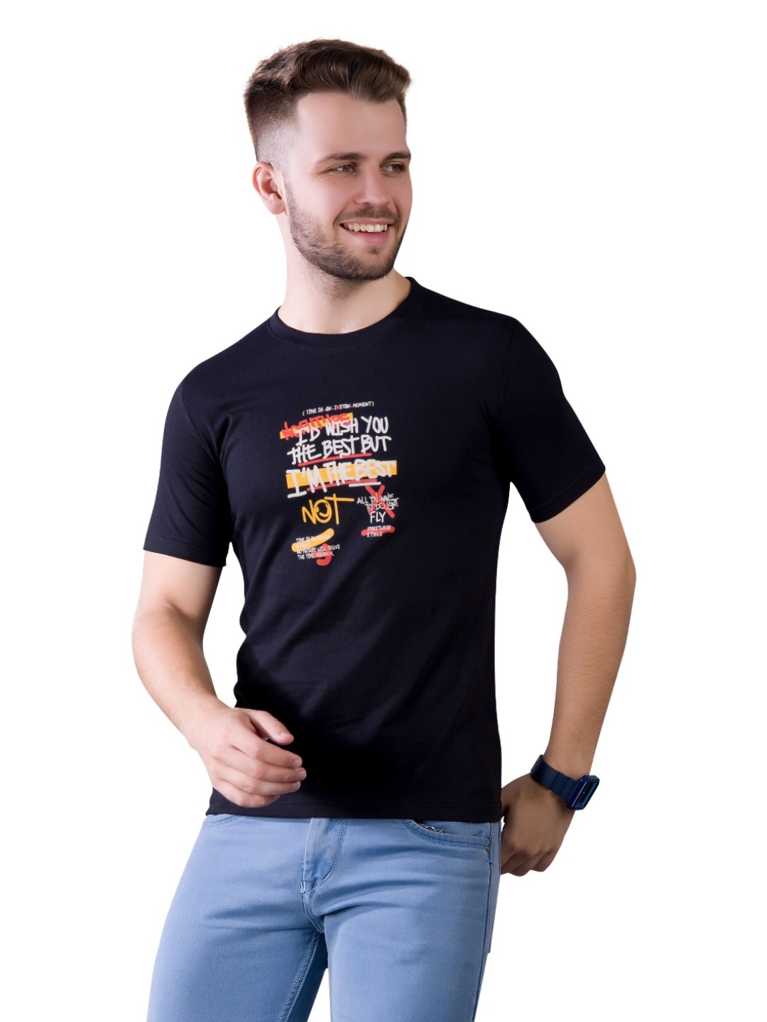 

Quco Men Graphic Printed Biowashed Round Neck Cotton Tshirt, Black