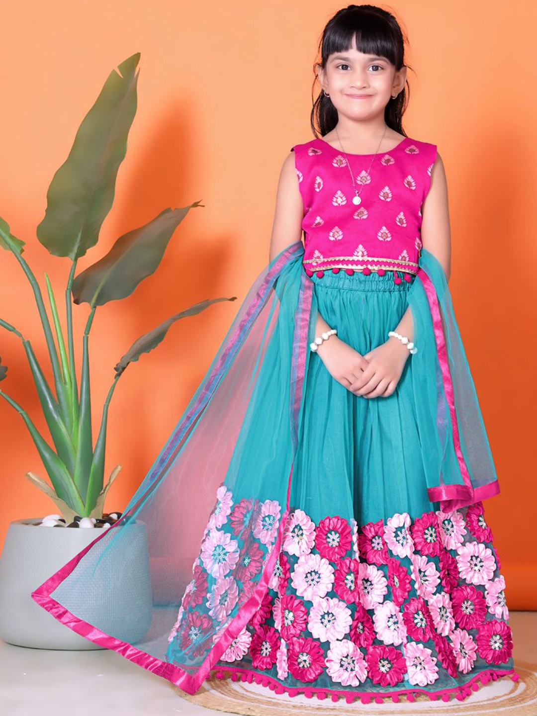 

BAESD Girls Floral Woven Design Lehenga & Blouse With Dupatta, Teal