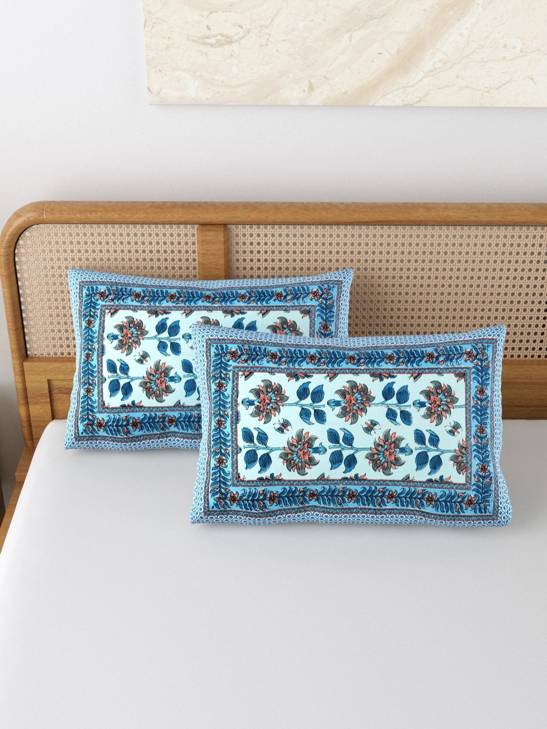 

BLOCKS OF INDIA Blue & Grey 2 Pieces Printed Pure Cotton Rectangle Pillow Covers