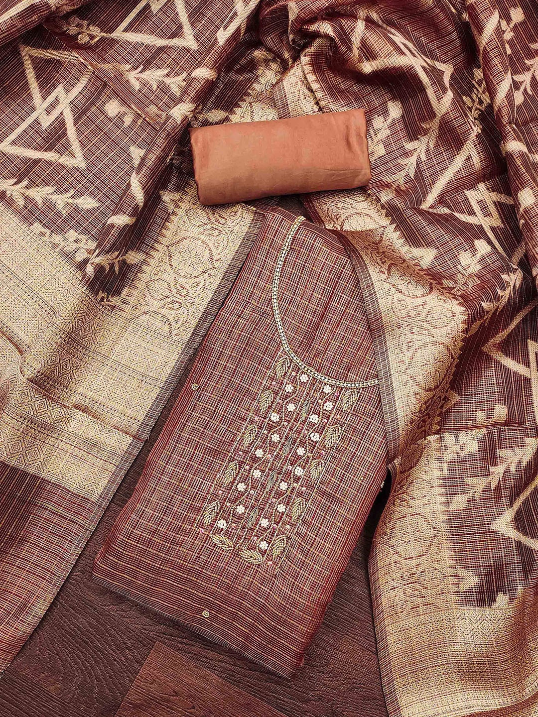 

SAINOOR Abstract Beads and Stones Woven Design Organza Semi-Stitched Dress Material, Brown