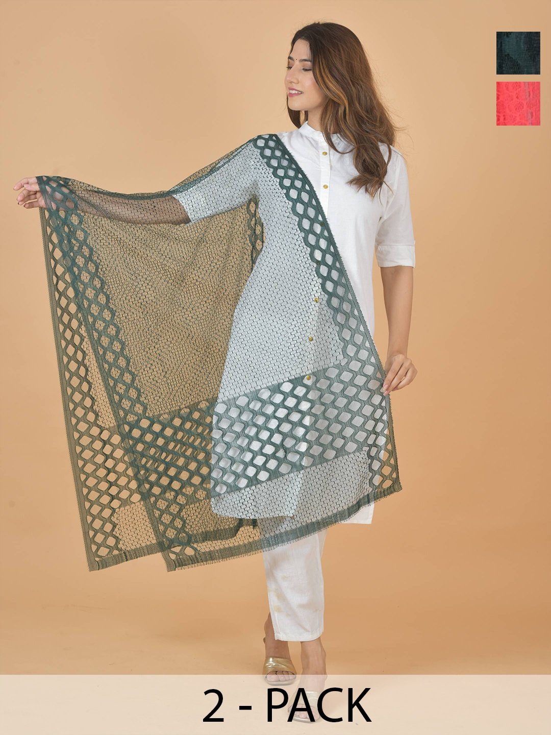 

LA FEMINAE Selection Of 2 Geometric Woven Design Dupattas, Green