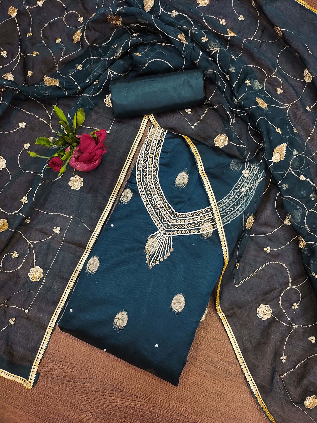 

SAINOOR Floral Woven Design Zari Work Organza Semi-Stitched Dress Material, Teal