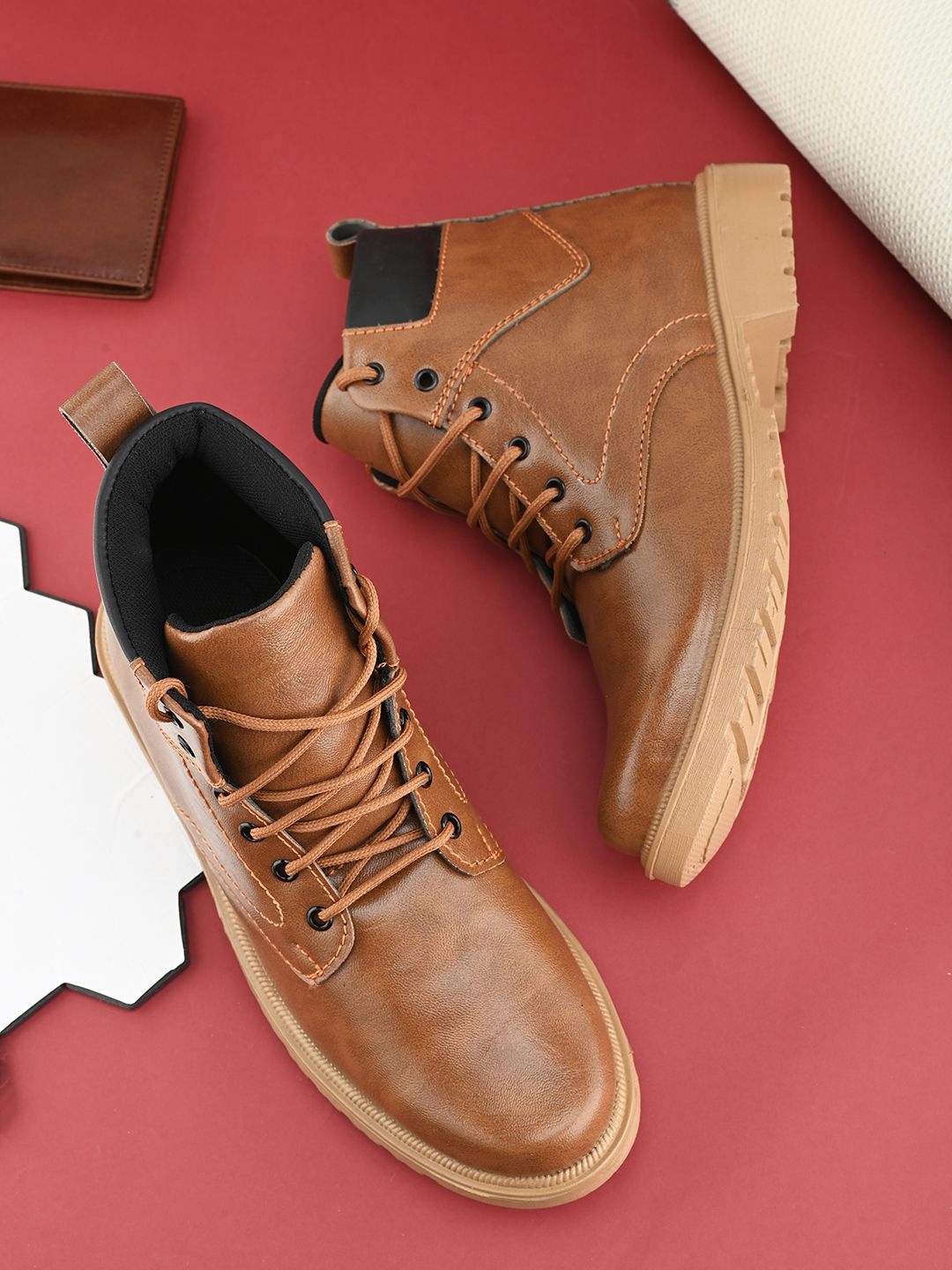 

Provogue Men Leather Round Toe Boots, Tan