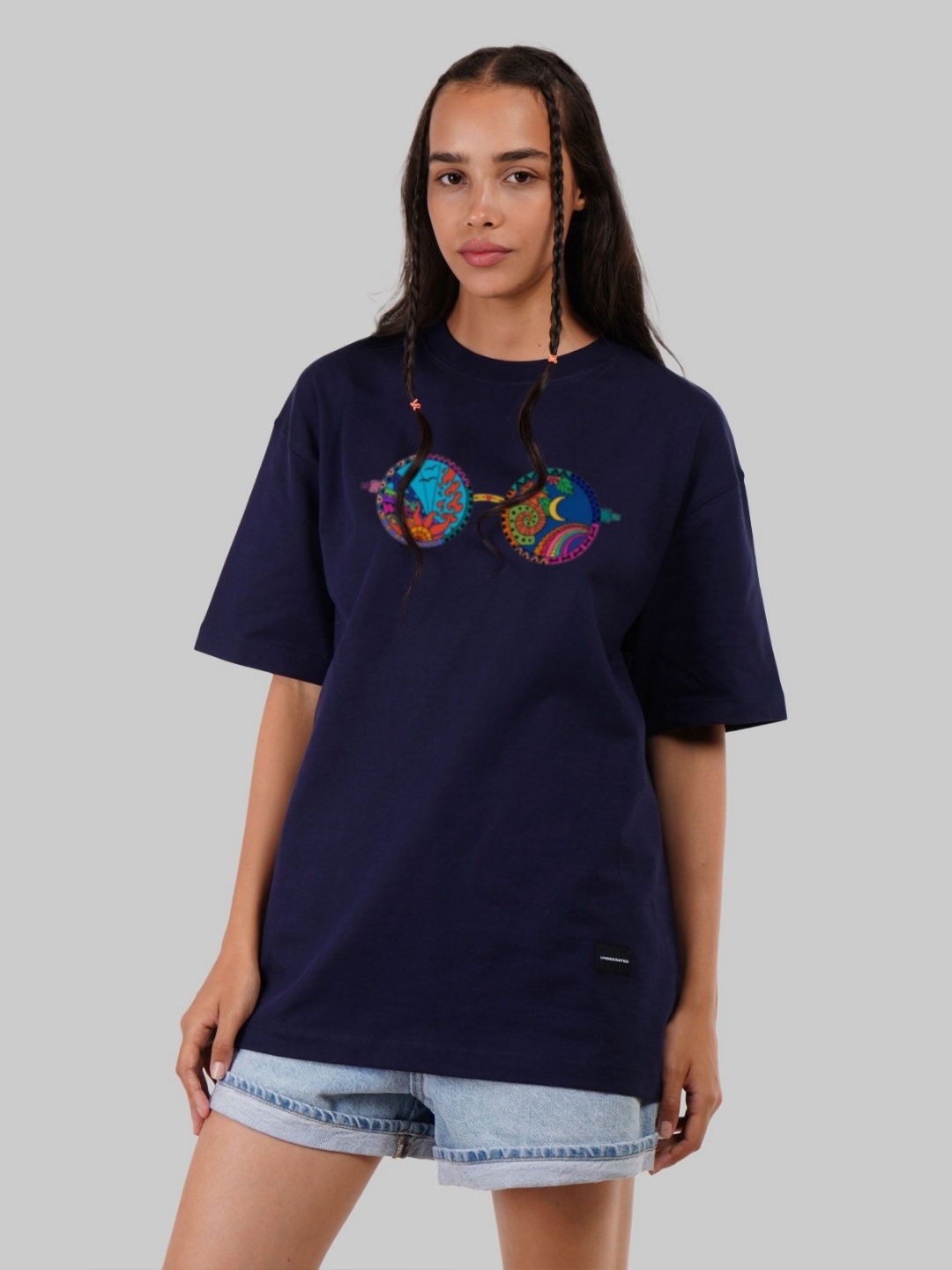 

Underrated Club Women Bio Finish Graphic Printed Round Neck Cotton Oversized T-shirt, Navy blue