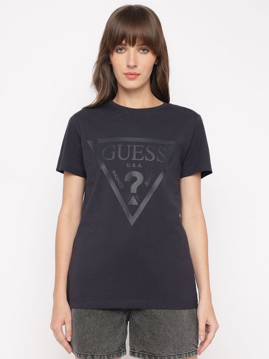 

GUESS Women Typography Printed Round Neck Cotton T-shirt, Grey