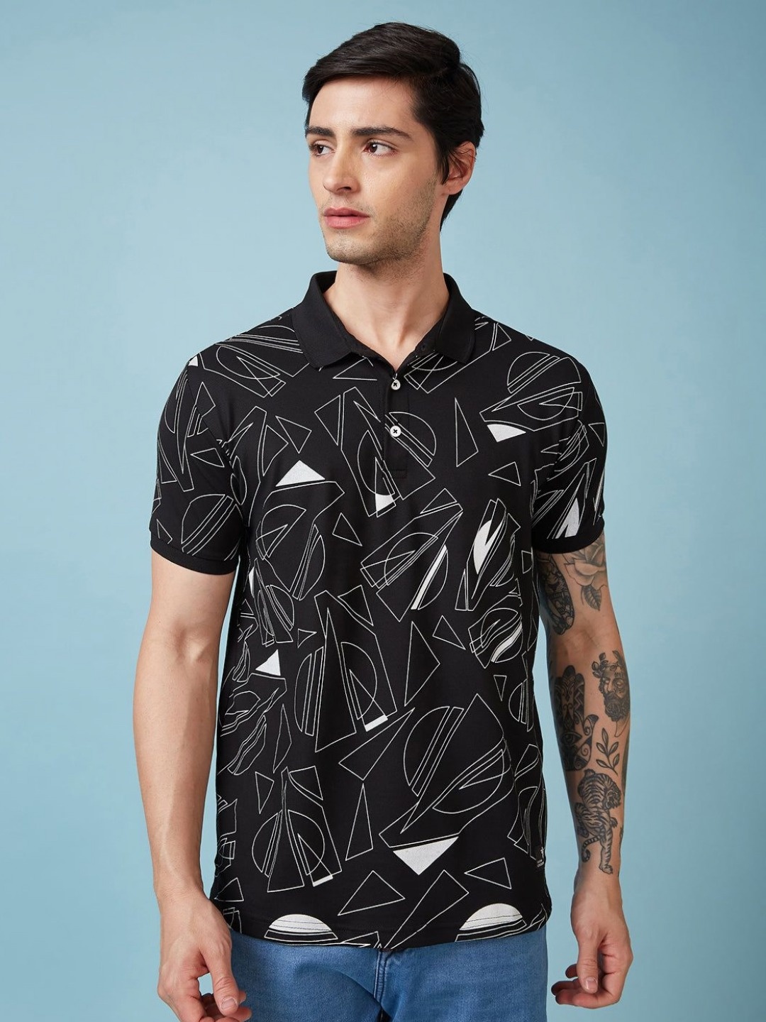 

Status Quo Men Geometric Printed Polo Collar Regular Fit T-shirt, Black