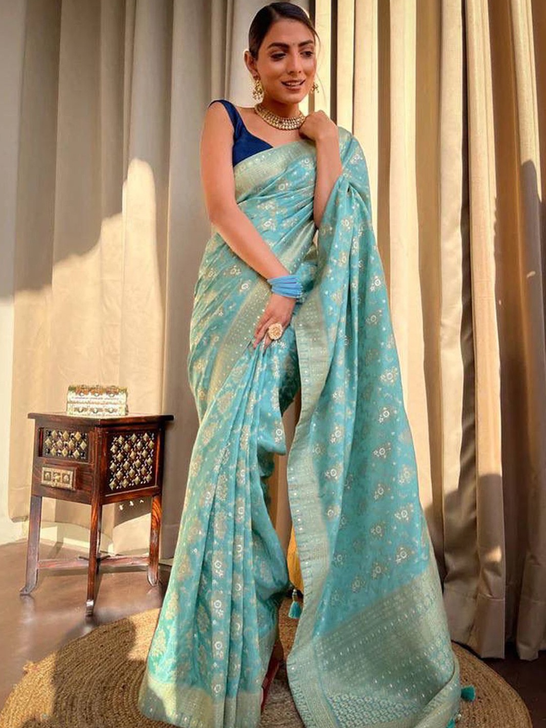

Anouk Rustic Ethnic Motifs Zari Silk Blend Banarasi Saree, Blue