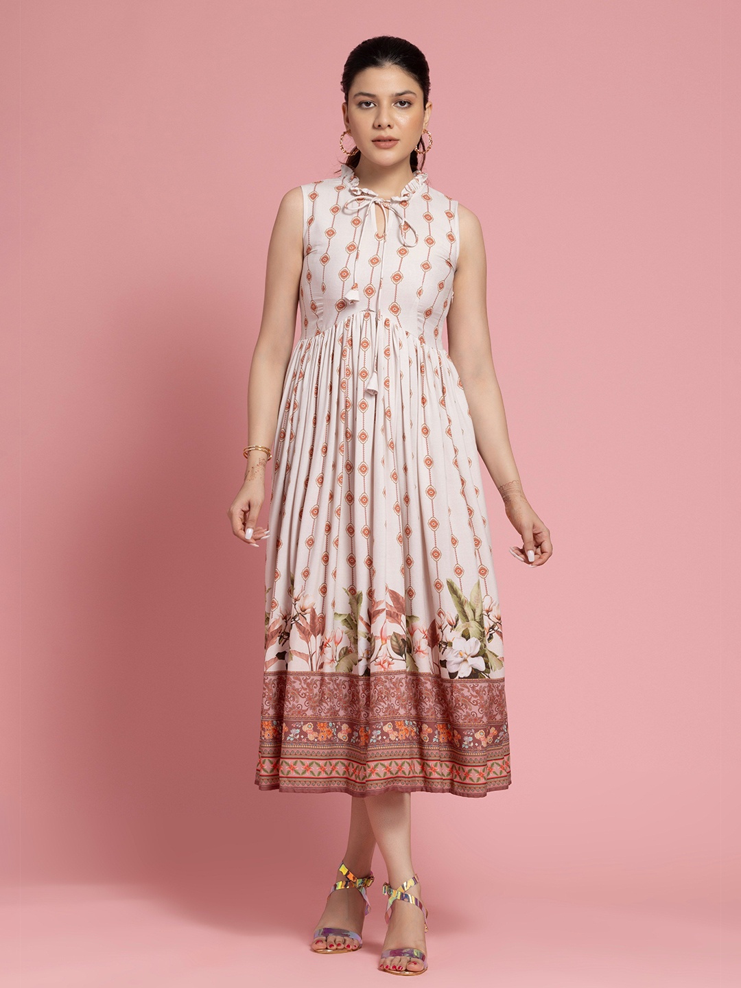 

CORSICA Floral Print Tie-Up Neck A-Line Maxi Dress, White
