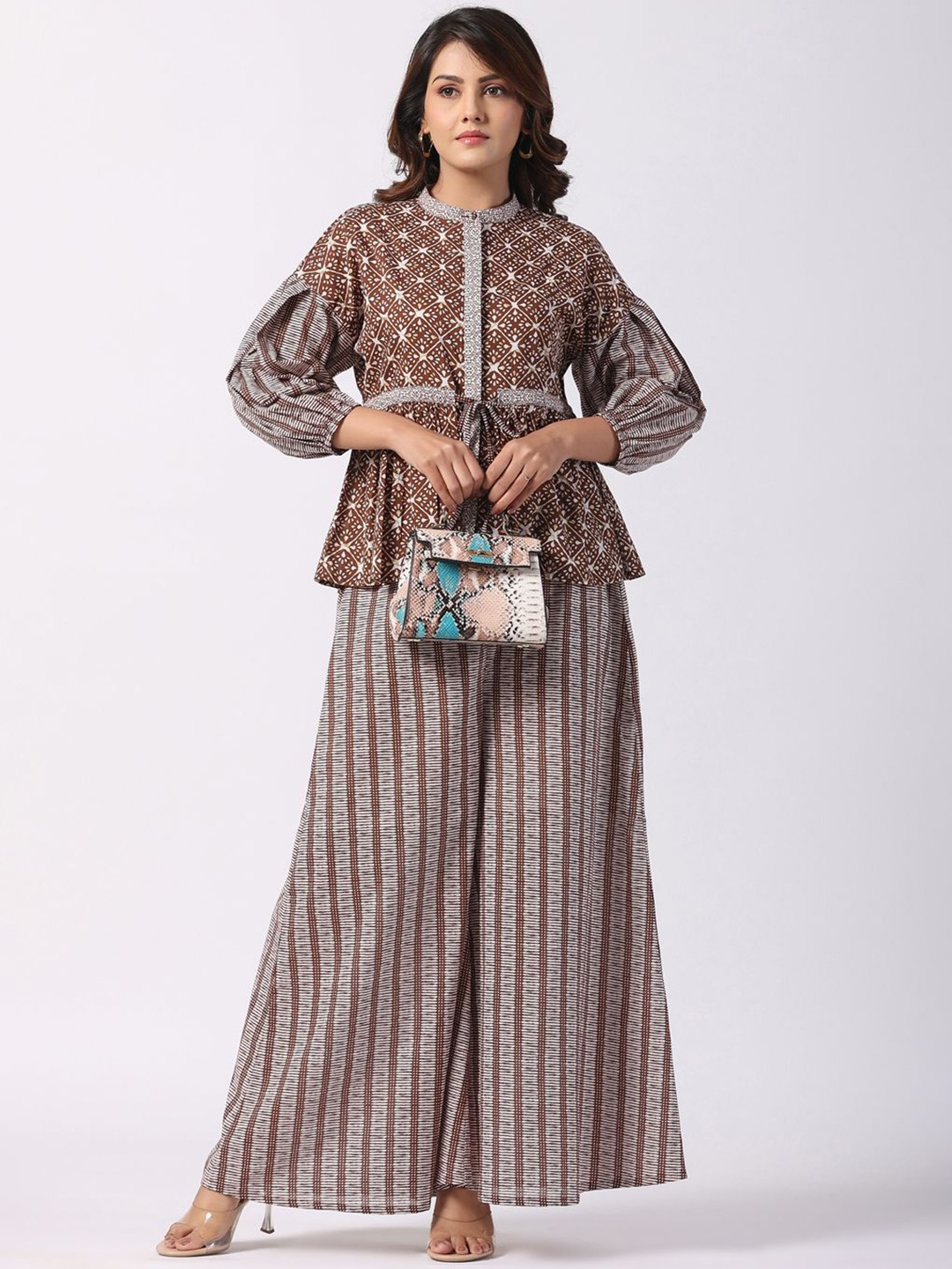 

STIL O STITCH Geometric Printed Mandarin Collar Puffed Sleeves Top With Palazzos, Coffee brown