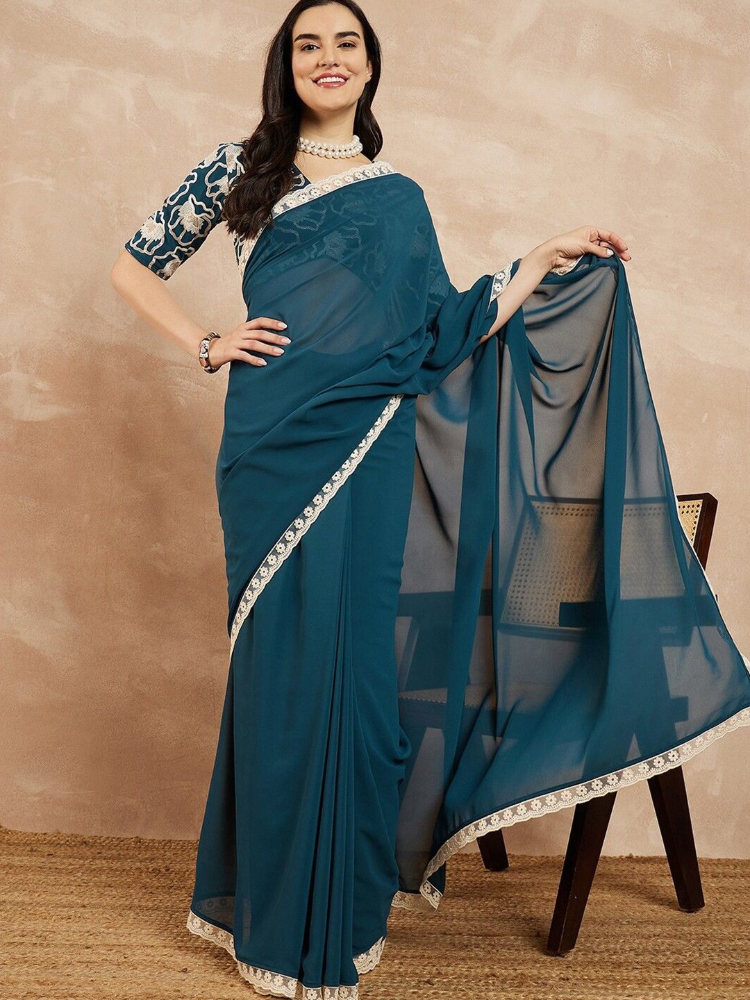 

Fashion FRICKS Beads and Stones Poly Georgette Heavy Work Saree, Blue
