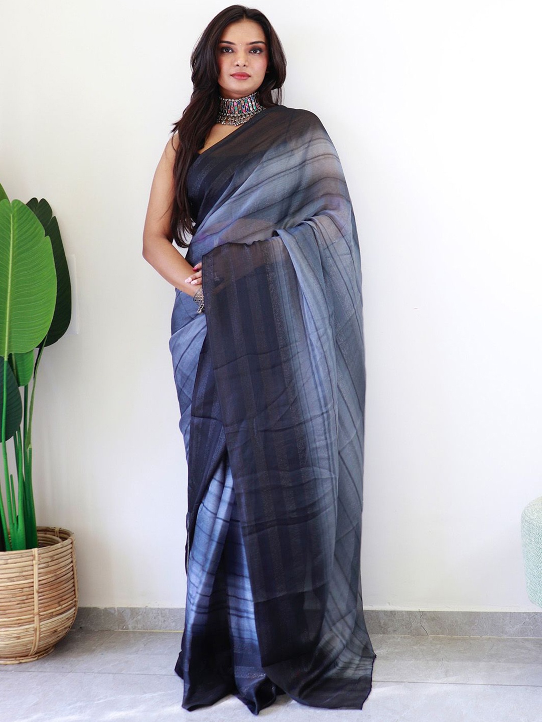 

Anouk Rustic Striped Poly Georgette Ready to Wear Saree, Grey