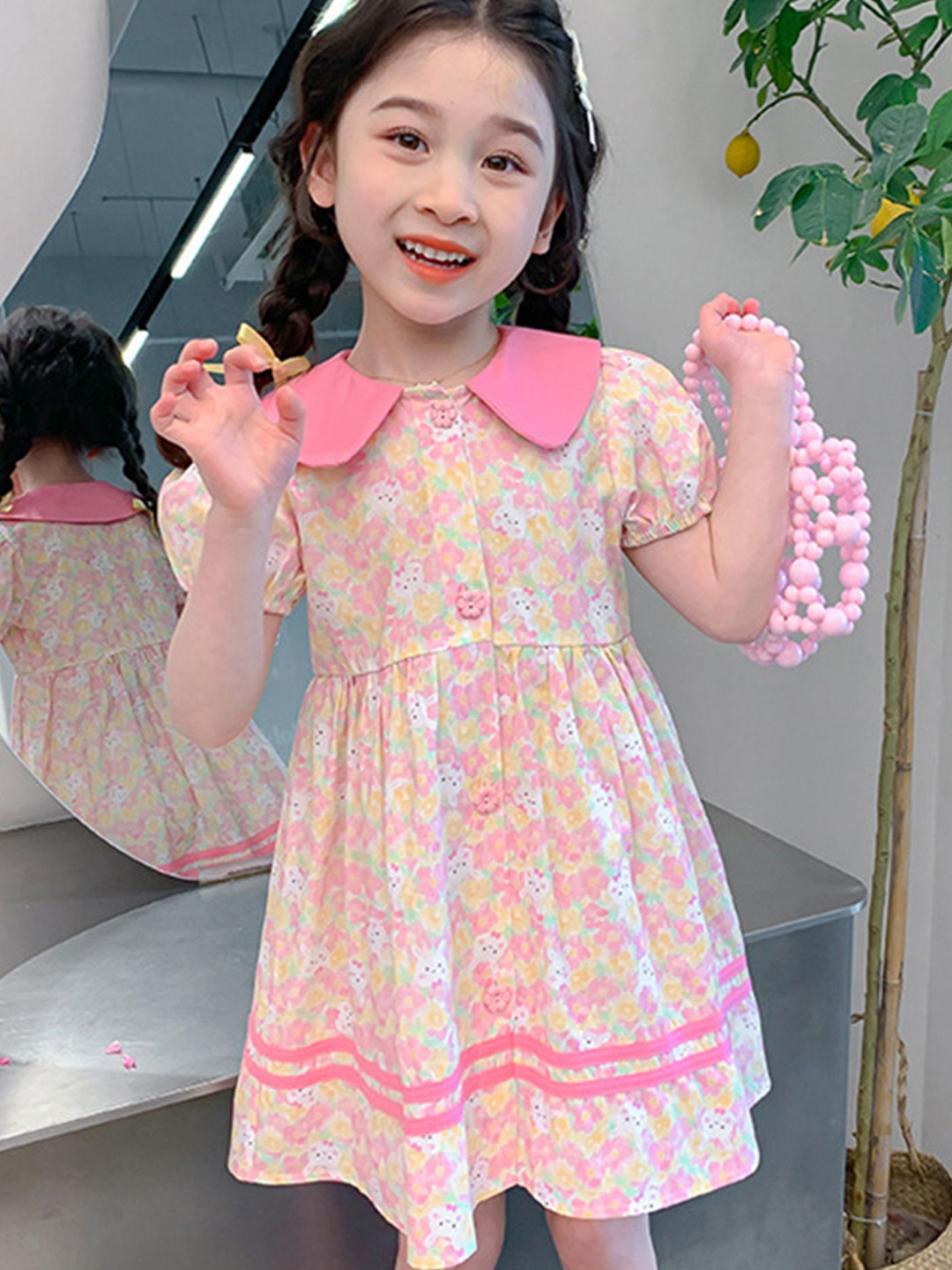 

LULU & SKY Floral Print Peter Pan Collar Flutter Sleeve Fit & Flare Dress, Pink