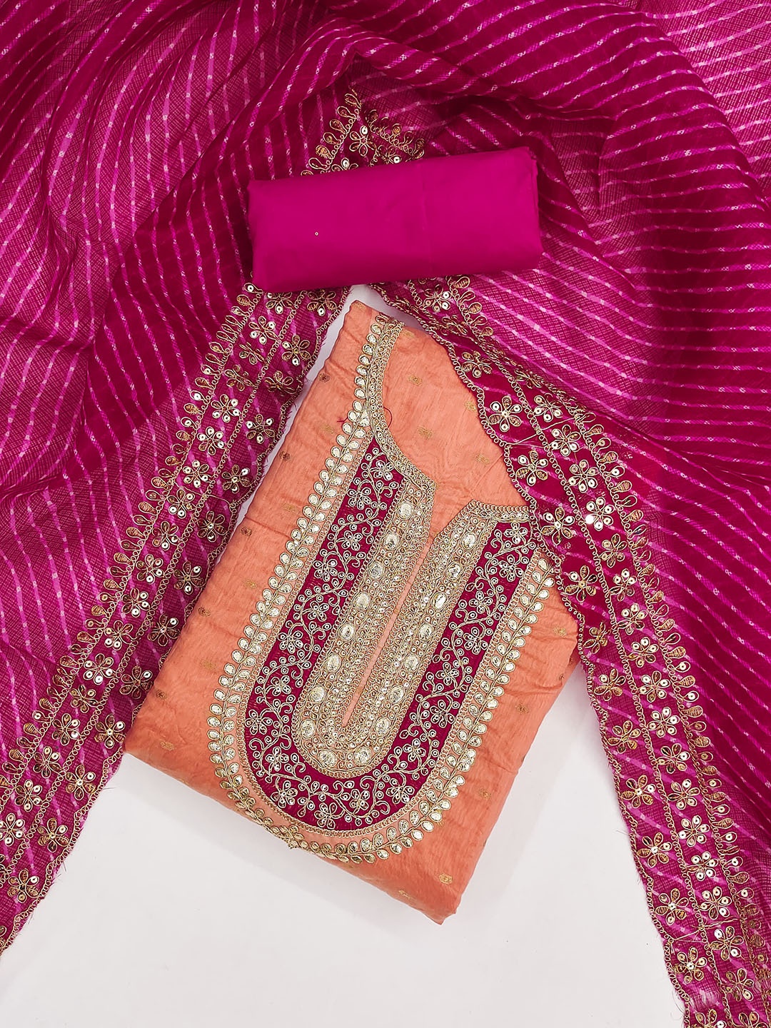 

Rangtulika Embroidered Sequinned Unstitched Dress Material, Peach