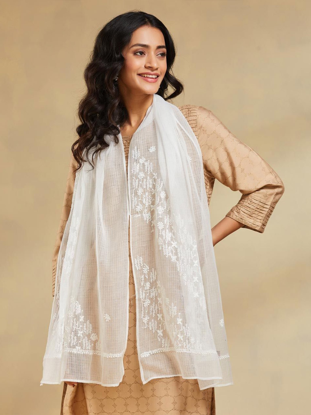 

Fabindia Women Embroidered Stole, White