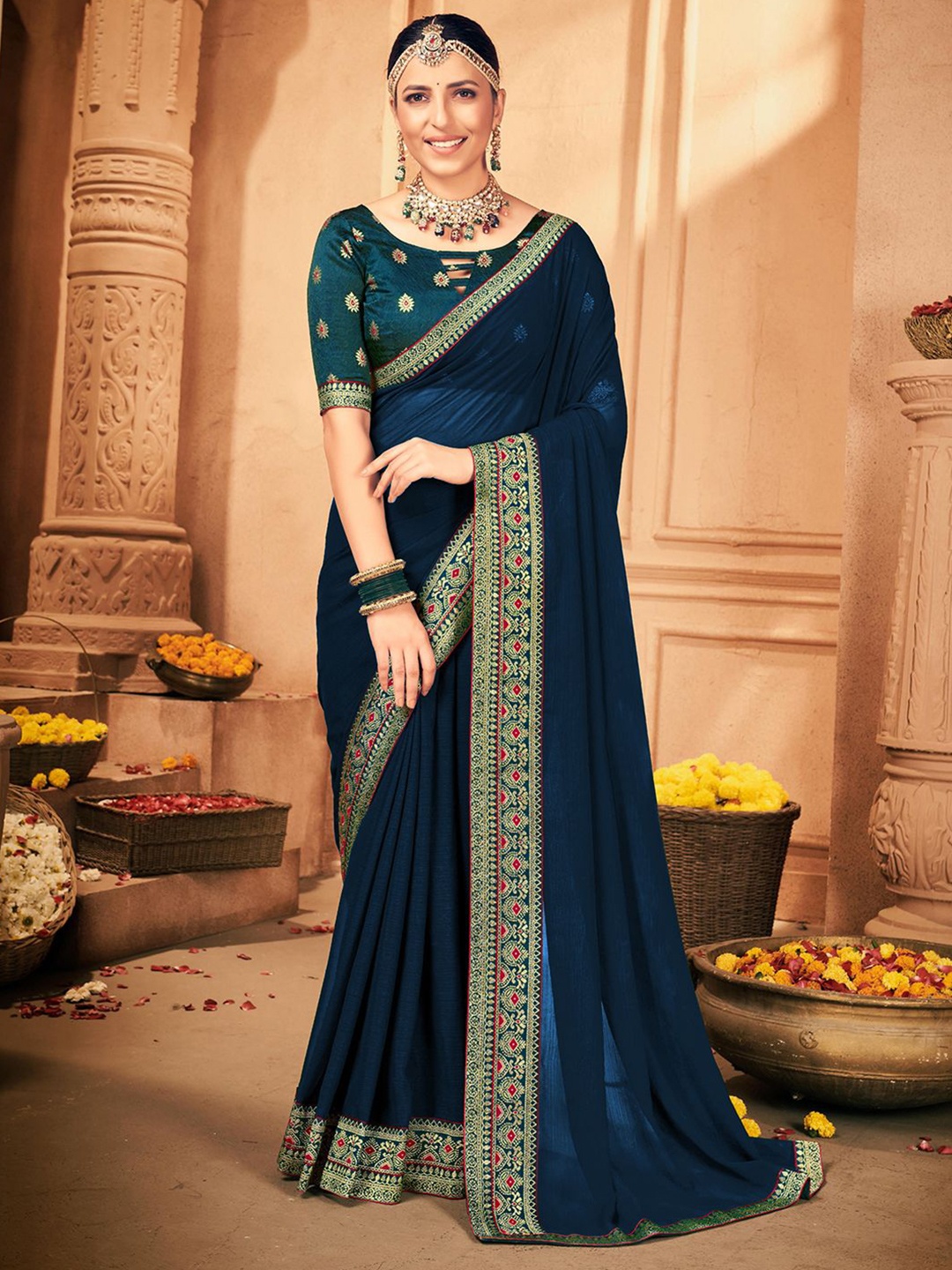 

Anouk Rustic Poly Georgette Saree, Teal