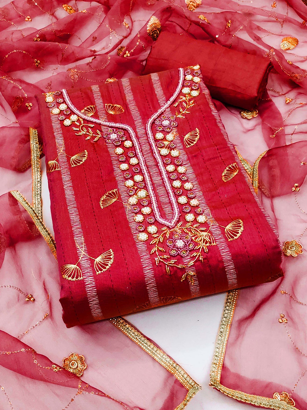 

SAINOOR Embellished Semi-Stitched Dress Material, Red