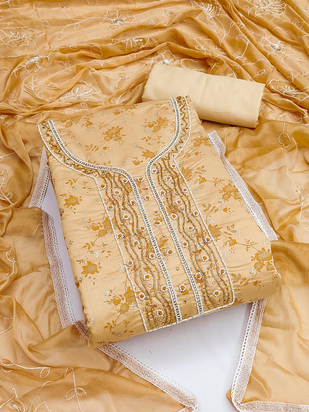 

SAINOOR Semi-Stitched Dress Material, Beige