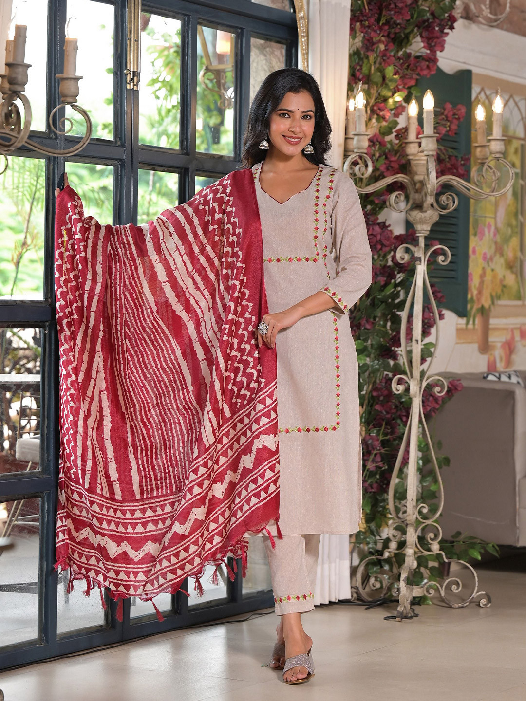 

The Hope Printed Pure Cotton Kurta with Trousers & Dupatta, Beige