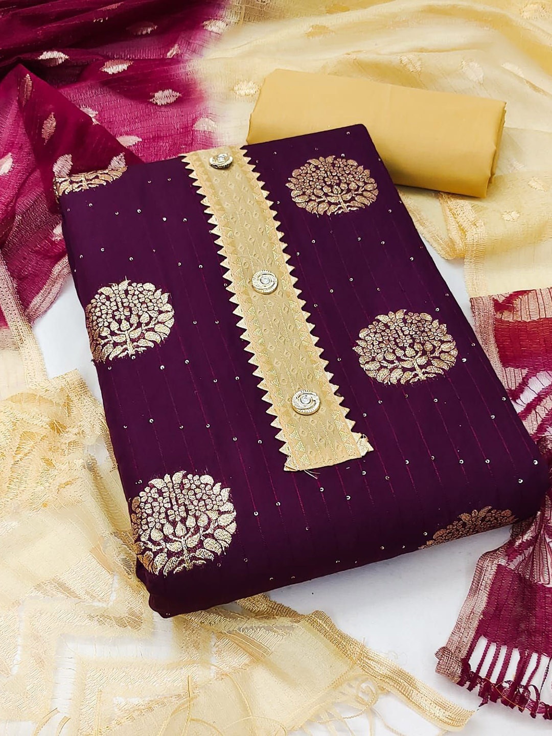 

Rangtulika Floral Woven Design Sequinned Banarasi Unstitched Dress Material, Purple