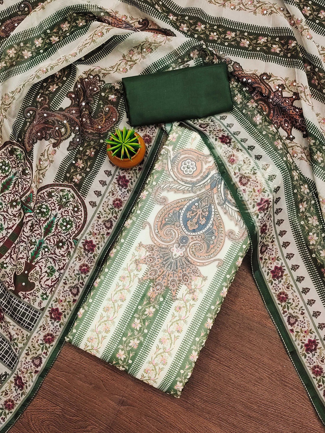 

MANVAA Embellished Organza Unstitched Dress Material, Green